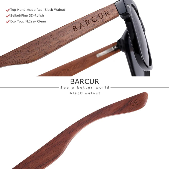 BARCUR Black Walnut Wood Sunglasses for Man Polarized High Quality Sqare Sun Glasses Men UV400 Eyewear Accessory Original Box