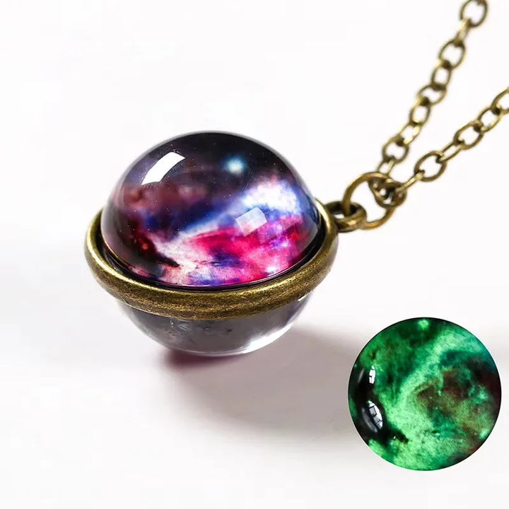 Earth Moon Planet Glass Ball Noctilucent Pendant Necklace Double-sided Luminescent Galaxy Nebula Cosmic Choker Jewelry for Women