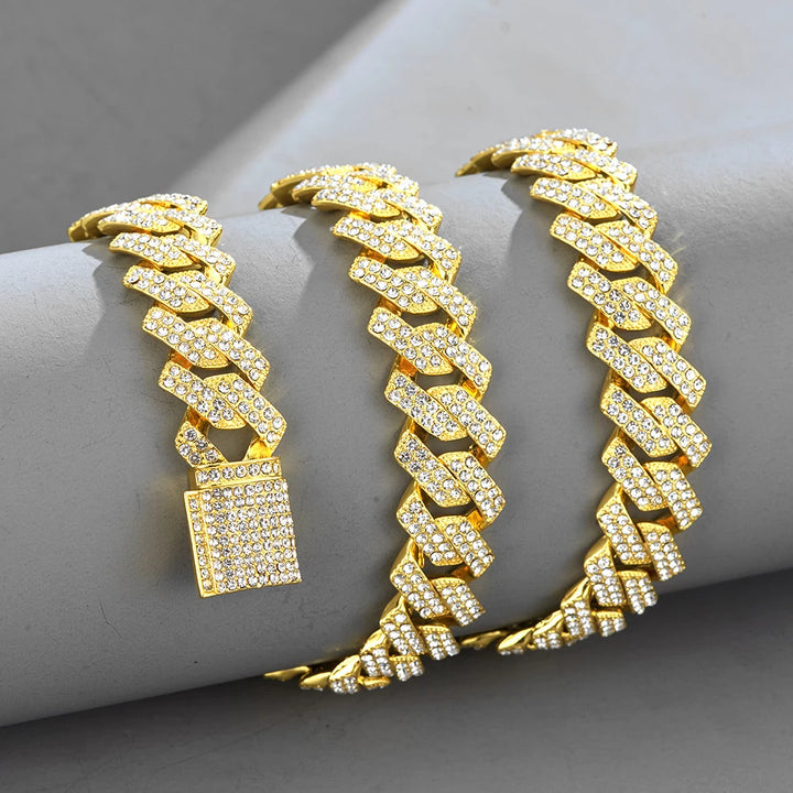 Cuban Link Chain For Men Silvery/Golden Iced Out Rhinestone Miami Necklace Choker for Women with Box Clasp Hip Hop