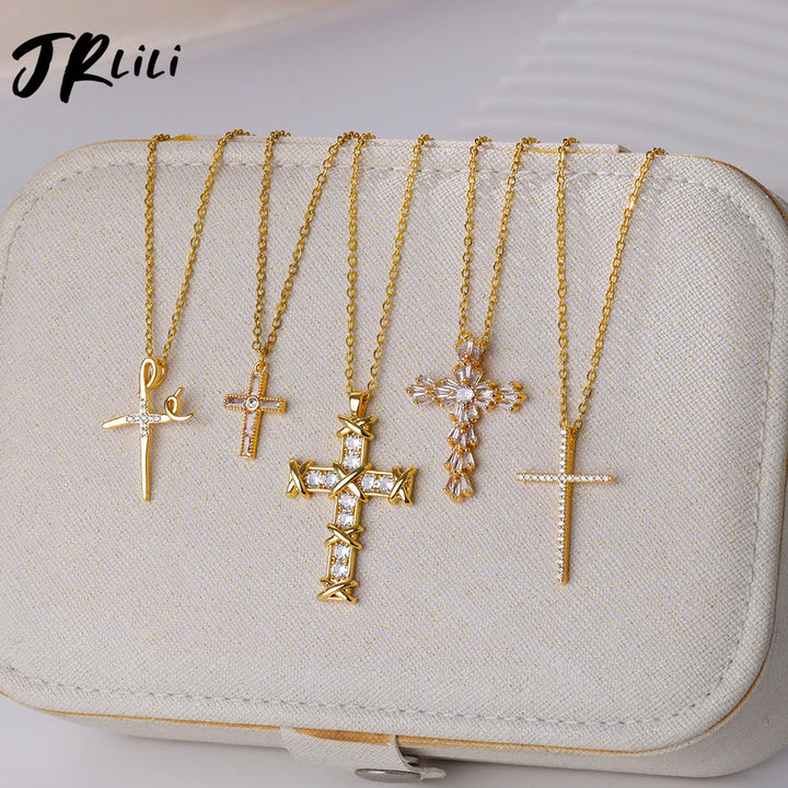 Zircon Cross Pendant Necklace for Women Gold Plated Stainless Steel Collar Necklaces 2024 Trend Goth Jewelry Gifts free shipping