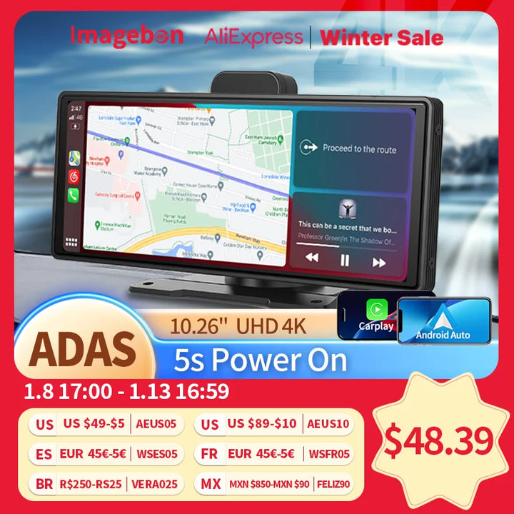 10.26" 4K Dash Cam ADAS Wireless Carplay & Android Auto Car DVR 5G WiFi GPS Navigation Rearview Camera Dashboard Video Recorder