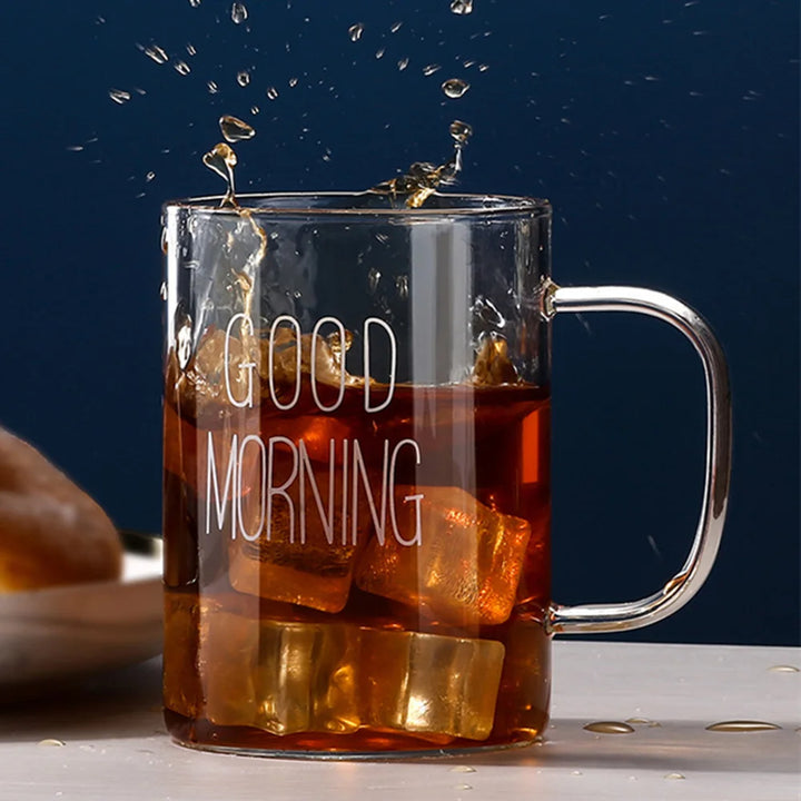 Good Morning Glass Mug Coffee Milk Breakfast Cup Tumbler with Handle Transparent Drinkware Household Gift for Children Set