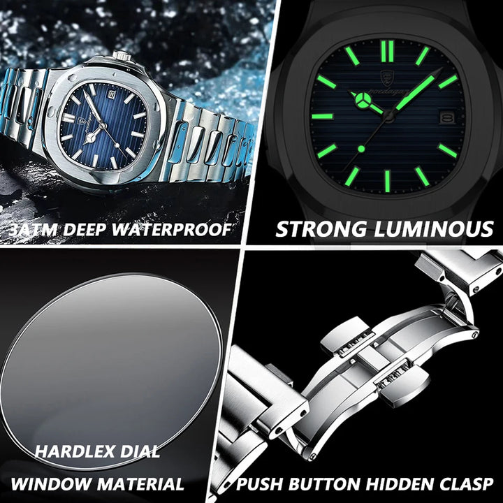 POEDAGAR Luxury Watch Business Waterproof Male Clock Luminous Date Stainless Steel Square Quartz Men Watch reloj hombre 2023 New