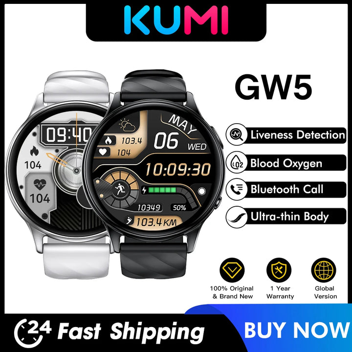 KUMI GW5 Smart Watch 1.39 inch NFC Bluetooth 5.2 100+ Sport Heart Rate Blood Pressure Oxygen Monitor Waterproof IP68