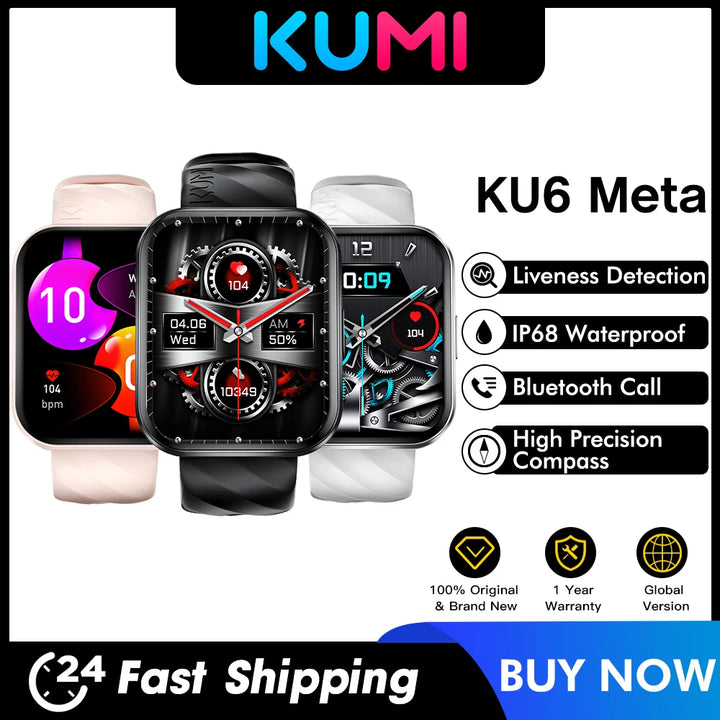 World Premiere KUMI KU6 Meta Smart Watch 1.96" 100+Exquisite Dial with Compass Bluetooth Call Liveness Detection IP68 Waterproof