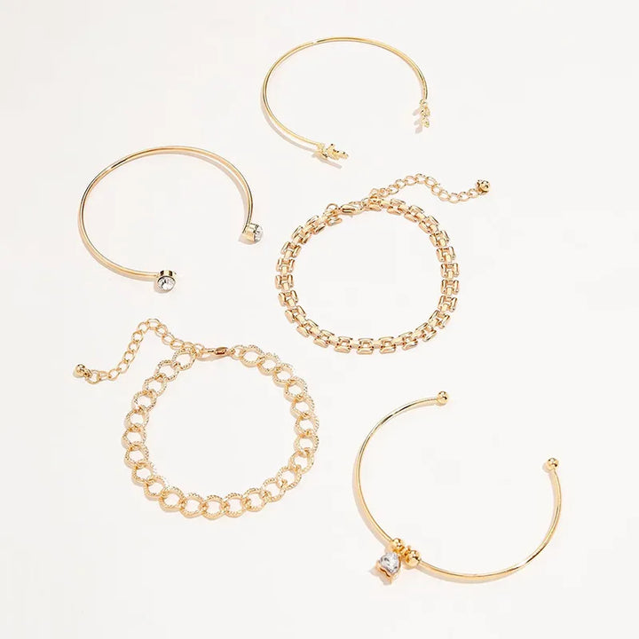 Trendy Geometric Link Chain Bracelet Set For Women Rhinestones Gold Color Leaves Heart Pendant Open Cuff Bangle Girls Jewelry