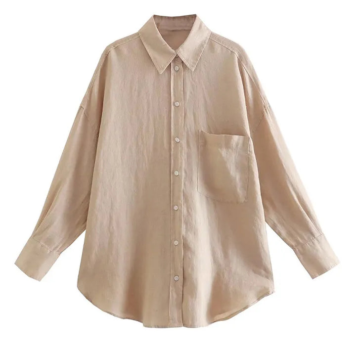 TRAF Women Fashion With Pocket Oversized Linen Shirts Vintage Long Sleeve Button-up Female Blouses Blusas Chic Tops