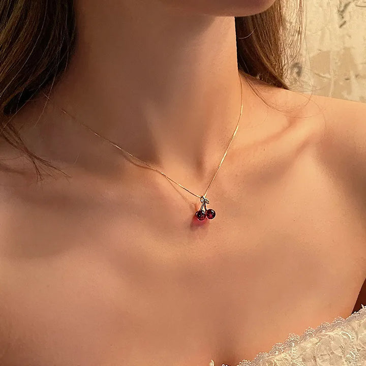 Fashion Korean Wine Red Cherry Pendant Necklace for Women  New Trend Girl Wedding Banquet Jewelry Accessories Collarbone Chain