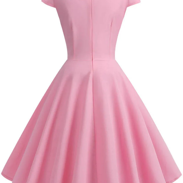 Pink Summer Dress Women V Neck Vintage Robe Elegant Retro pin up Party Office Midi Dresses