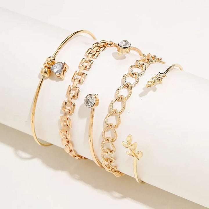 Trendy Geometric Link Chain Bracelet Set For Women Rhinestones Gold Color Leaves Heart Pendant Open Cuff Bangle Girls Jewelry