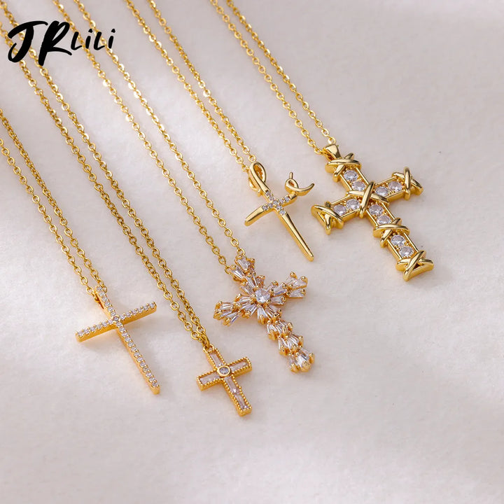 Zircon Cross Pendant Necklace for Women Gold Plated Stainless Steel Collar Necklaces 2024 Trend Goth Jewelry Gifts free shipping