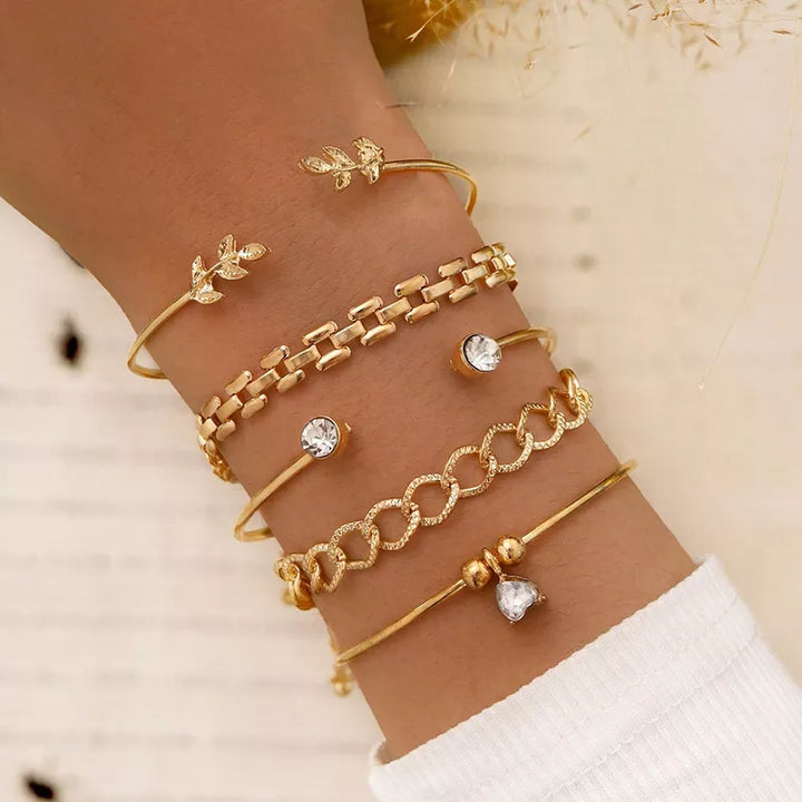 Trendy Geometric Link Chain Bracelet Set For Women Rhinestones Gold Color Leaves Heart Pendant Open Cuff Bangle Girls Jewelry