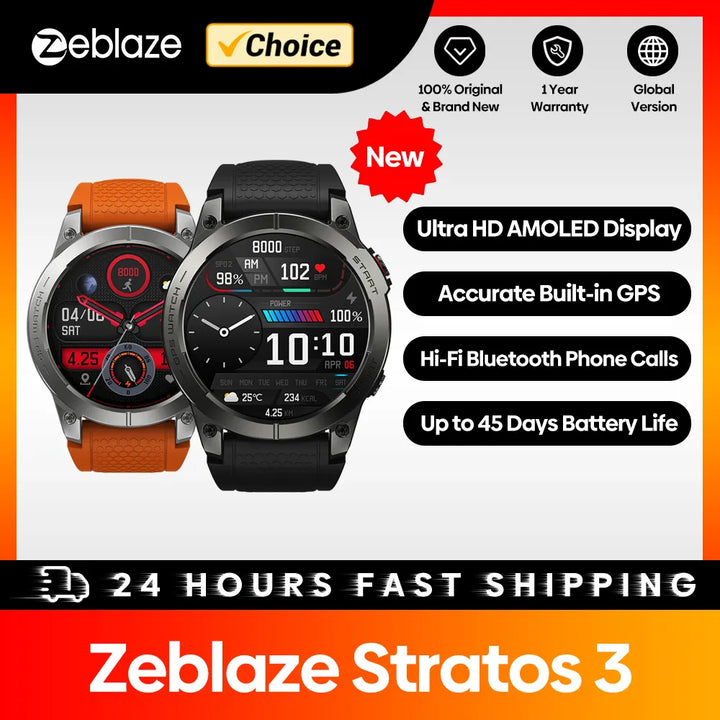 [Flagship 2023] Zeblaze Stratos 3 Premium GPS Smart Watch Ultra HD AMOLED Display Built-in GPS Hi-Fi Bluetooth Phone Calls