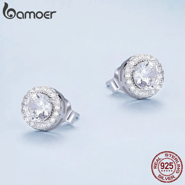 BAMOER Platinum Plated Halo CZ Stud Earrings 925 Sterling Silver Hypoallergenic Classic Elegant Earrings Fashion Jewellry BSE893