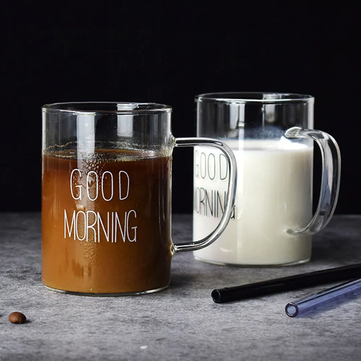 Good Morning Glass Mug Coffee Milk Breakfast Cup Tumbler with Handle Transparent Drinkware Household Gift for Children Set