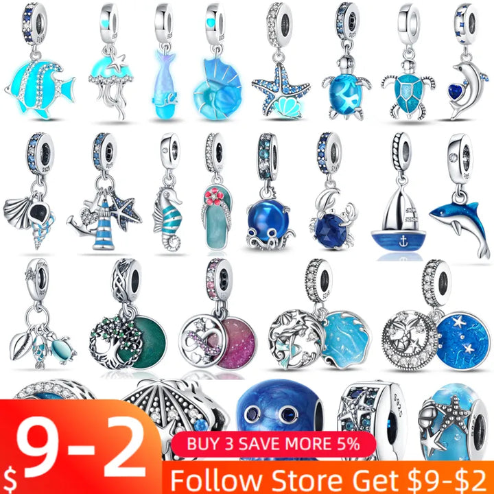 Charms Fit Pandora Original Bracelet 925 Silver Luminous Octopus Blue Sea Series Turtle Shell Fish Charms DIY Jewelry Making