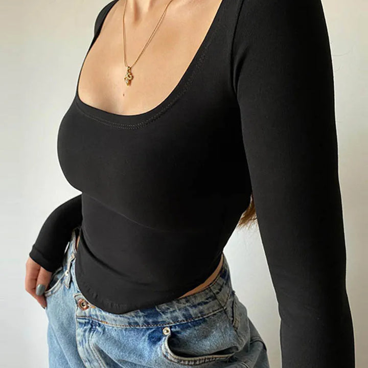 2022 Square Collar Long Sleeve Casual Women T Shirts Green Autumn Skinny Sexy Solid Basic Crop Tops Fashion Streetwear