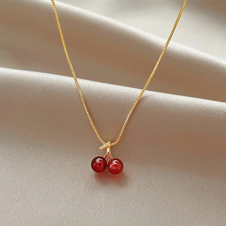 Fashion Korean Wine Red Cherry Pendant Necklace for Women  New Trend Girl Wedding Banquet Jewelry Accessories Collarbone Chain