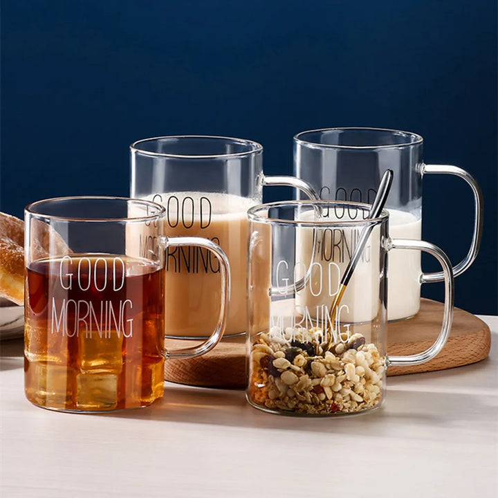 Good Morning Glass Mug Coffee Milk Breakfast Cup Tumbler with Handle Transparent Drinkware Household Gift for Children Set