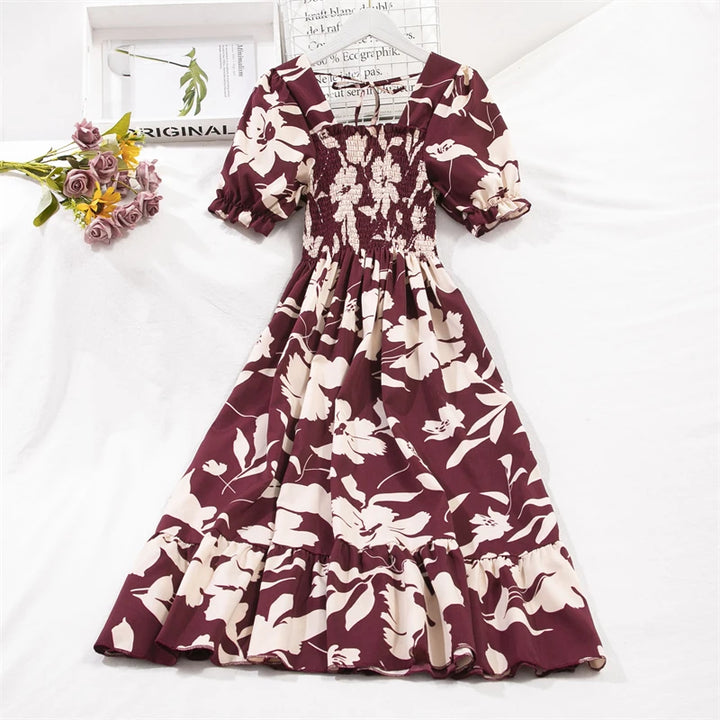 Spring Summer Short Sleeve Chiffon Dresses Fashion Female Elastic Waist Pleated Casual Dress Women A-line Dresses Vestidos