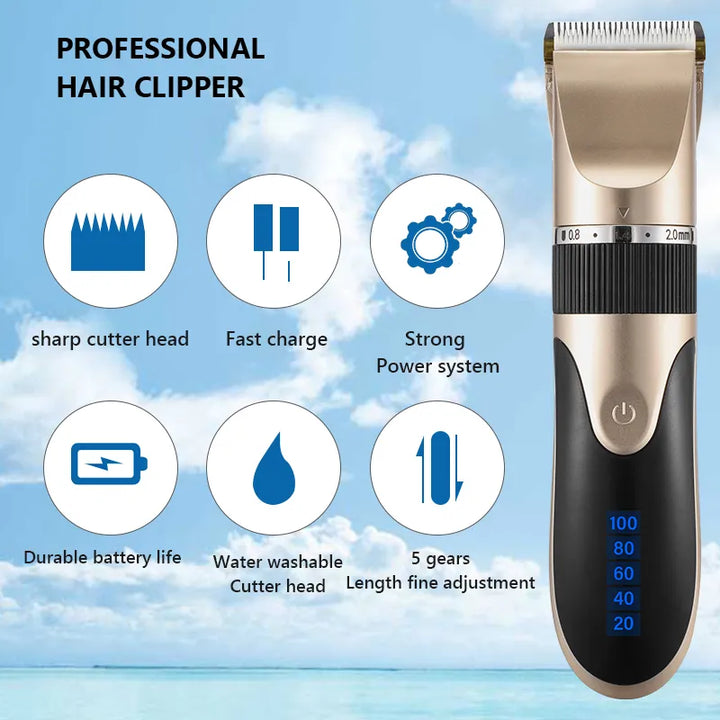 Professional Hair Clipper Men's Barber Beard Trimmer Rechargeable Hair Cutting Machine Ceramic Blade Low Noise Adult Kid Haircut