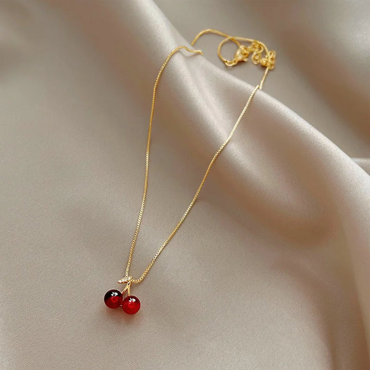 Fashion Korean Wine Red Cherry Pendant Necklace for Women  New Trend Girl Wedding Banquet Jewelry Accessories Collarbone Chain