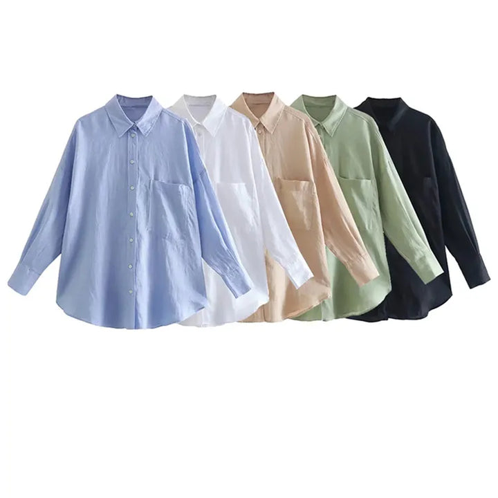 TRAF Women Fashion With Pocket Oversized Linen Shirts Vintage Long Sleeve Button-up Female Blouses Blusas Chic Tops