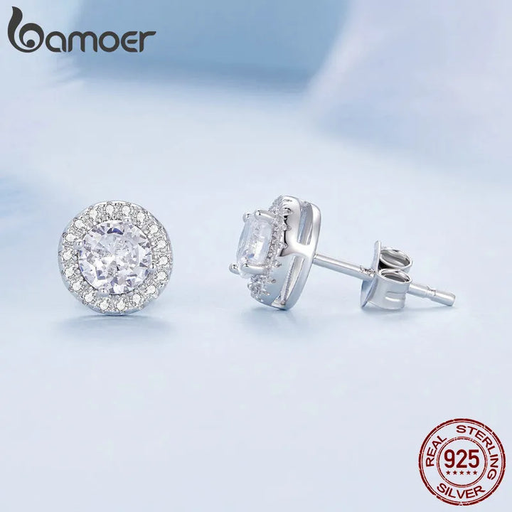 BAMOER Platinum Plated Halo CZ Stud Earrings 925 Sterling Silver Hypoallergenic Classic Elegant Earrings Fashion Jewellry BSE893