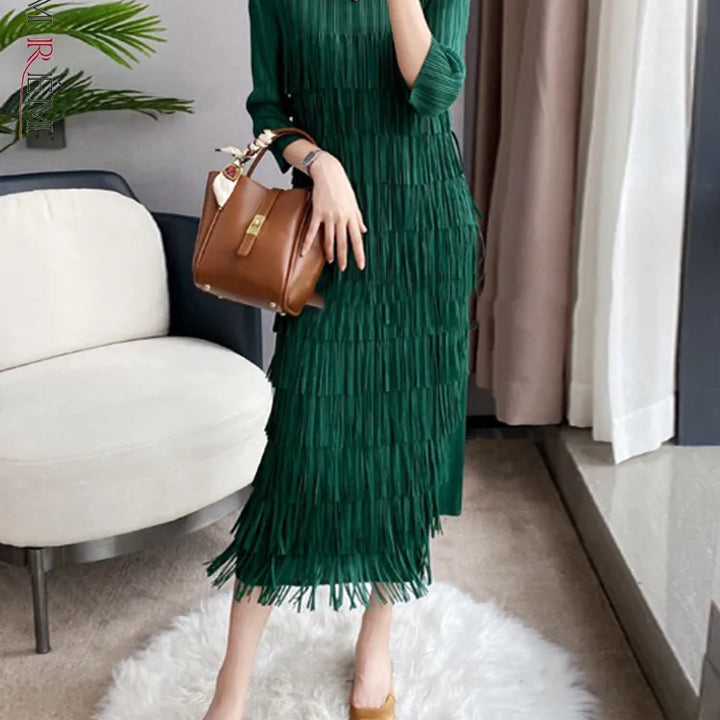 LANMREM Pleated Tassel Dress 2024 Spring New Solid Color Luxury Women Three Quarter Sleeve Slim Fit Wedding Party Clothes 2R9033