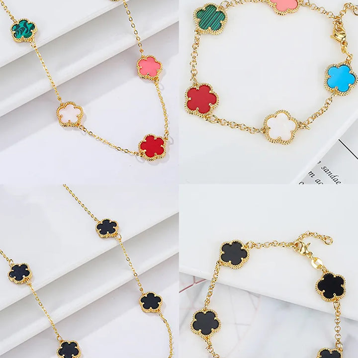 2023 Hot Sale 10 Colors Five-Leaf Flower Set Bracelet Necklace Classic Simple Women Jewelry Set Suitable For Daily Party Wear