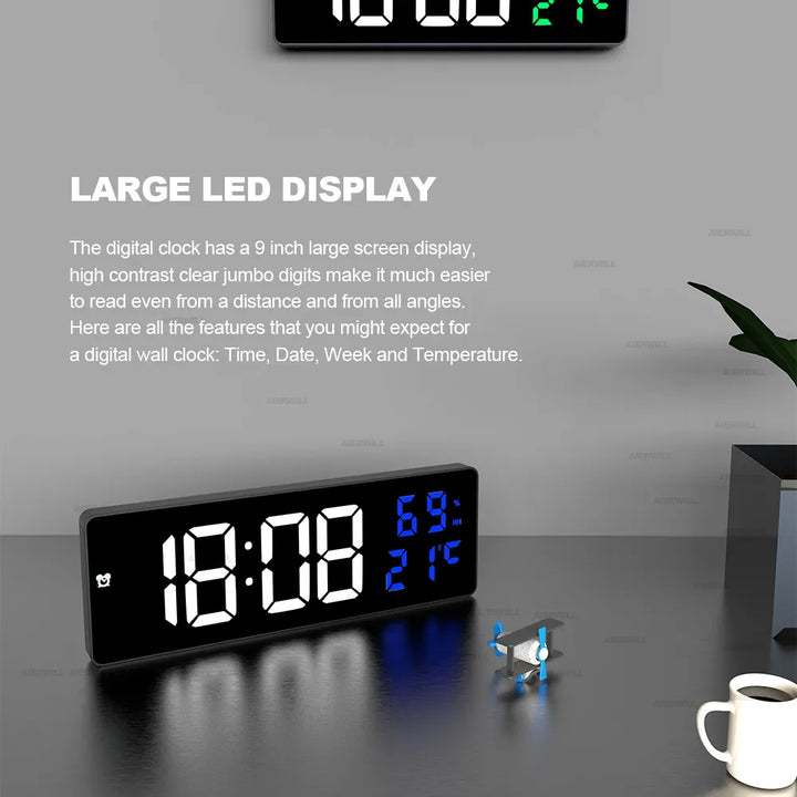 9“ Digital Wall Clock Large LED Screen Temperature Humidity Display Electronic Alarm Clock Home Decoration 12/24H Table Clock