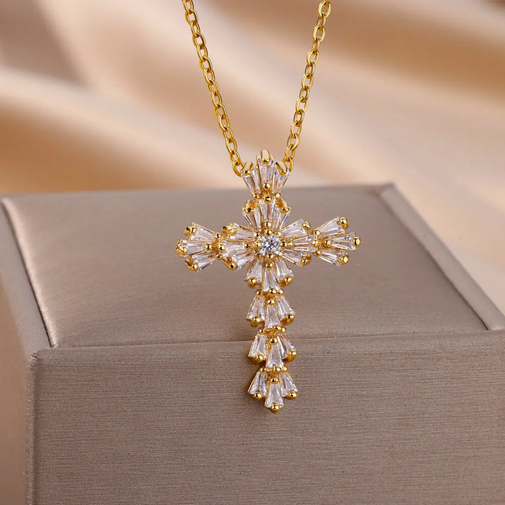 Zircon Cross Pendant Necklace for Women Gold Plated Stainless Steel Collar Necklaces 2024 Trend Goth Jewelry Gifts free shipping