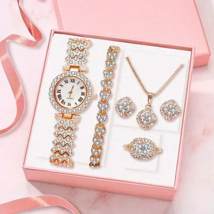 Fashion Luxury Full Crystal 5 Pcs Watch  Necklace Earrings  Ring  Set for Women Rhinestone  Wristwatch Female Bracelet Set Gift