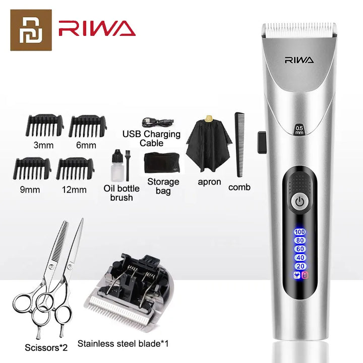 Youpin RIWA Hair Clipper Professional Electric Trimmer For Men With LED Screen Washable Rechargeable Men Strong Power Steel Head