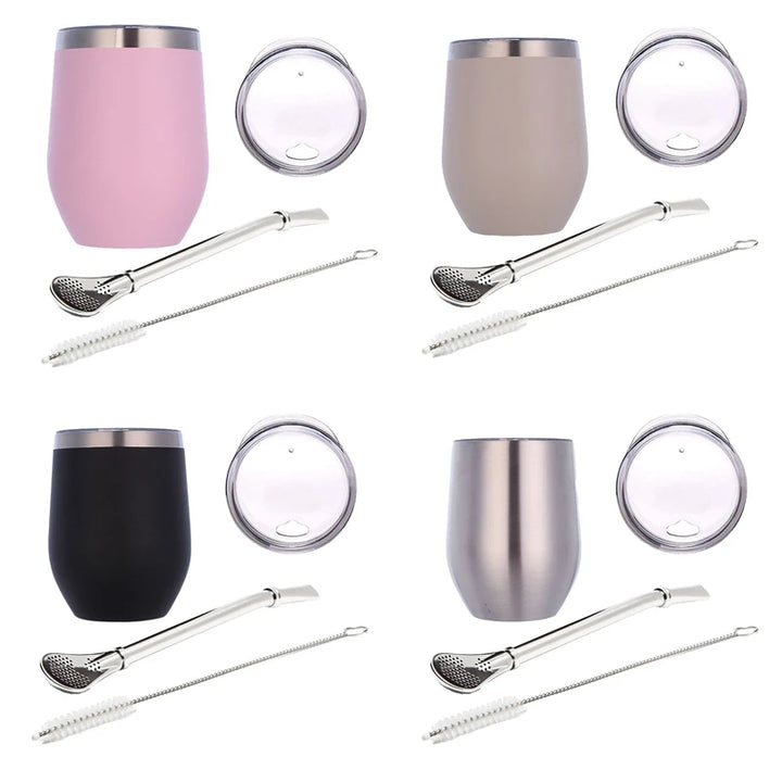 Double-Wall Stainless Yerba Gourd Mate Tea Set Coffee Cups Water Mate Tea Cup with Lid Spoon Straw Bombilla Head Filter Brush