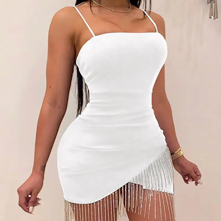 New Woman Party Night Birthday Tassel Split Sleeveless Bodycon Dress Summer Elegant Suspender Short Mini Pencil Sexy Dresses