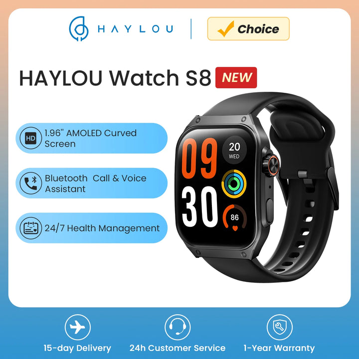 HAYLOU Watch S8 Smart Watch 1.96'' AMOLED Curved Screen Smartwatch Bluetooth Phone Call AI Vioce Assistant Smartwatches for Men