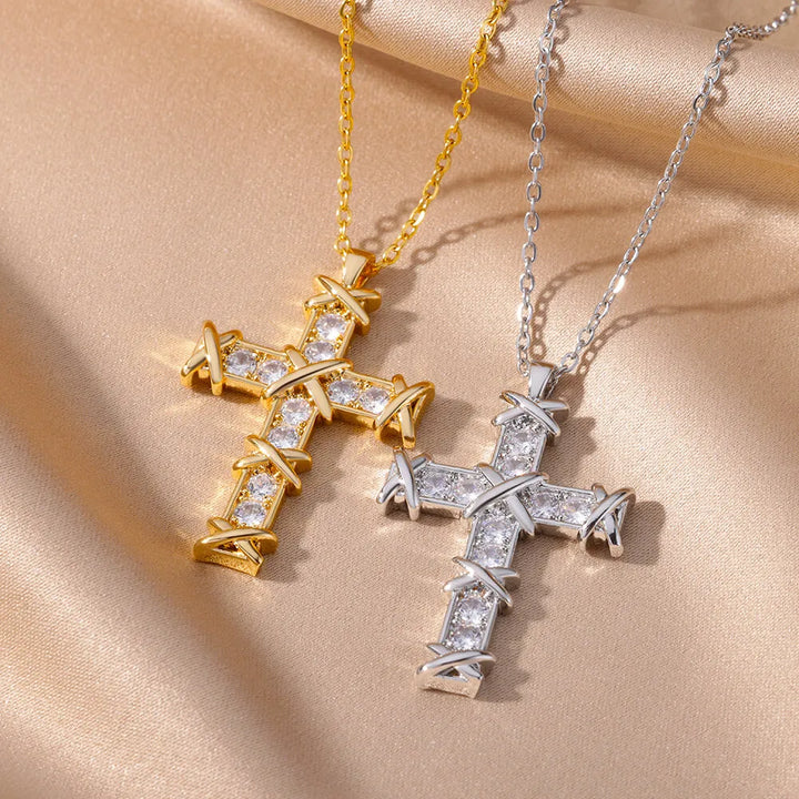 Zircon Cross Pendant Necklace for Women Gold Plated Stainless Steel Collar Necklaces 2024 Trend Goth Jewelry Gifts free shipping