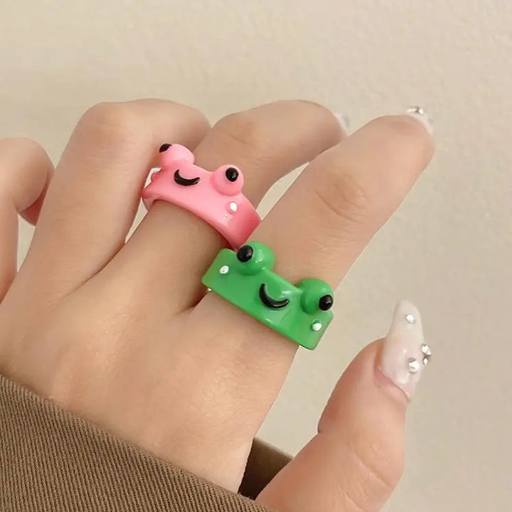 2Pc Cute Frog Rings Lover Polymer Clay Resin Acrylic Rings for Women Girls Couple Travel Ring Summer Fashion Animal Jewelry Gift