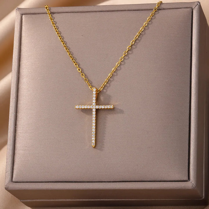 Zircon Cross Pendant Necklace for Women Gold Plated Stainless Steel Collar Necklaces 2024 Trend Goth Jewelry Gifts free shipping