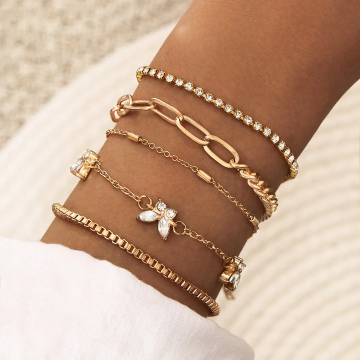 Trendy Geometric Link Chain Bracelet Set For Women Rhinestones Gold Color Leaves Heart Pendant Open Cuff Bangle Girls Jewelry