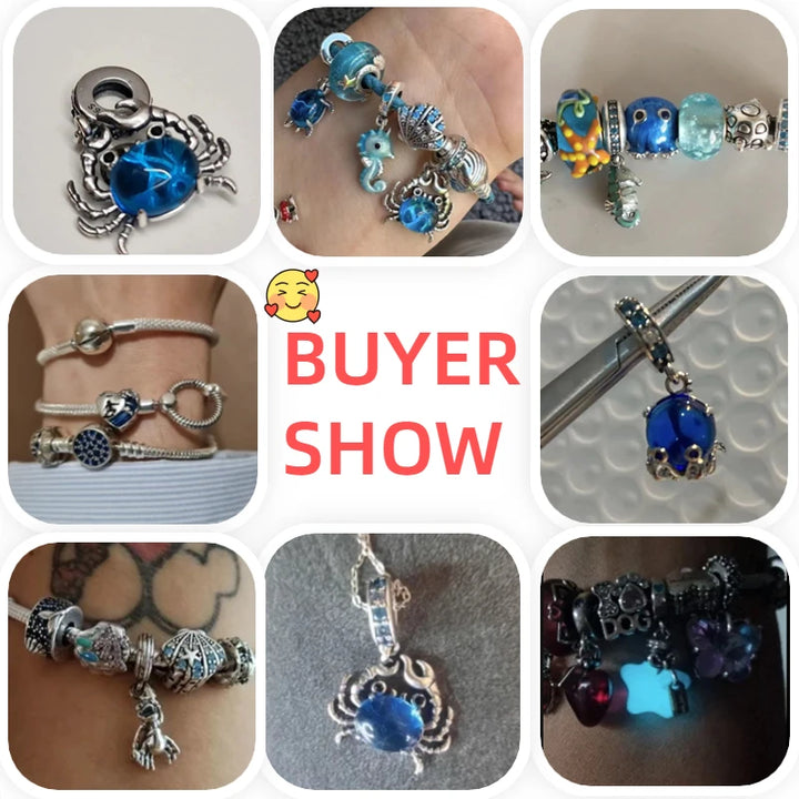 Charms Fit Pandora Original Bracelet 925 Silver Luminous Octopus Blue Sea Series Turtle Shell Fish Charms DIY Jewelry Making