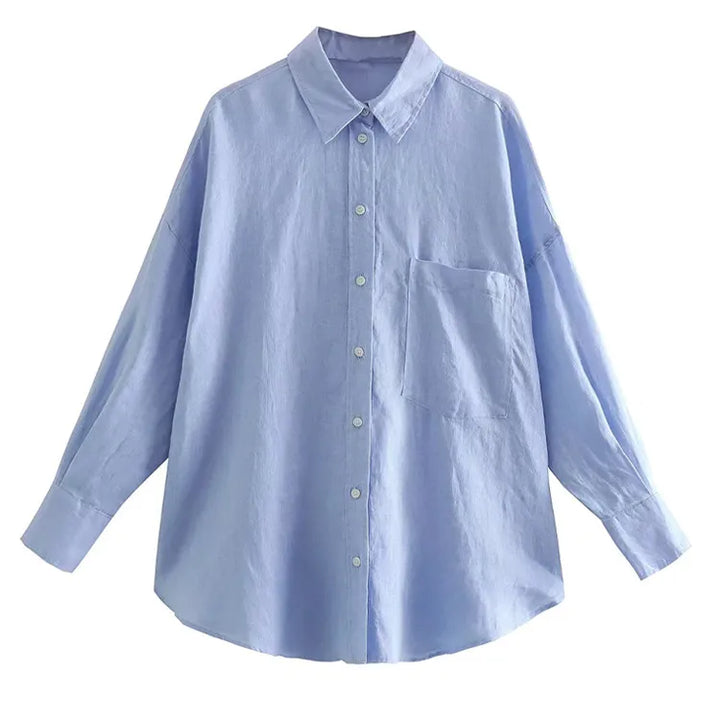 TRAF Women Fashion With Pocket Oversized Linen Shirts Vintage Long Sleeve Button-up Female Blouses Blusas Chic Tops