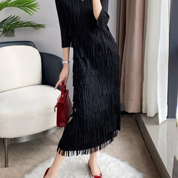 LANMREM Pleated Tassel Dress 2024 Spring New Solid Color Luxury Women Three Quarter Sleeve Slim Fit Wedding Party Clothes 2R9033