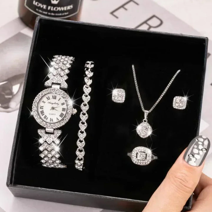 Fashion Luxury Full Crystal 5 Pcs Watch  Necklace Earrings  Ring  Set for Women Rhinestone  Wristwatch Female Bracelet Set Gift