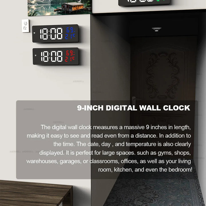 9“ Digital Wall Clock Large LED Screen Temperature Humidity Display Electronic Alarm Clock Home Decoration 12/24H Table Clock