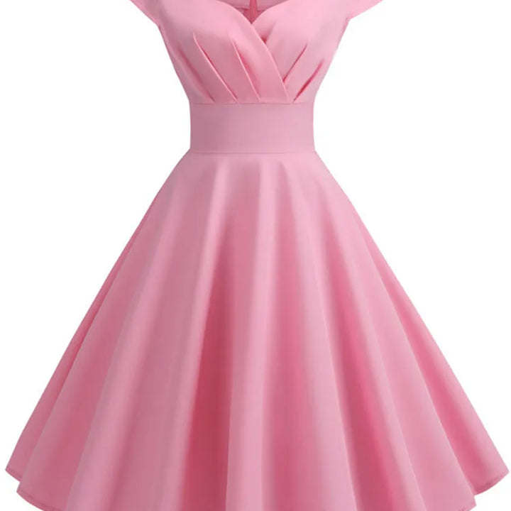 Pink Summer Dress Women V Neck Vintage Robe Elegant Retro pin up Party Office Midi Dresses