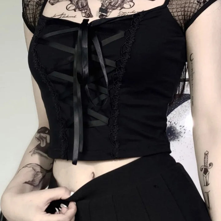 Vintage Tops Goth T-shirt Women Bodycon Bandage Lace Black T-shirts Gothic Streetwear Sexy Female Top Casual Mesh Tee