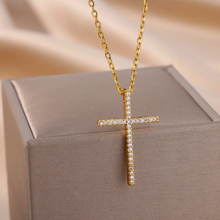 Zircon Cross Pendant Necklace for Women Gold Plated Stainless Steel Collar Necklaces 2024 Trend Goth Jewelry Gifts free shipping