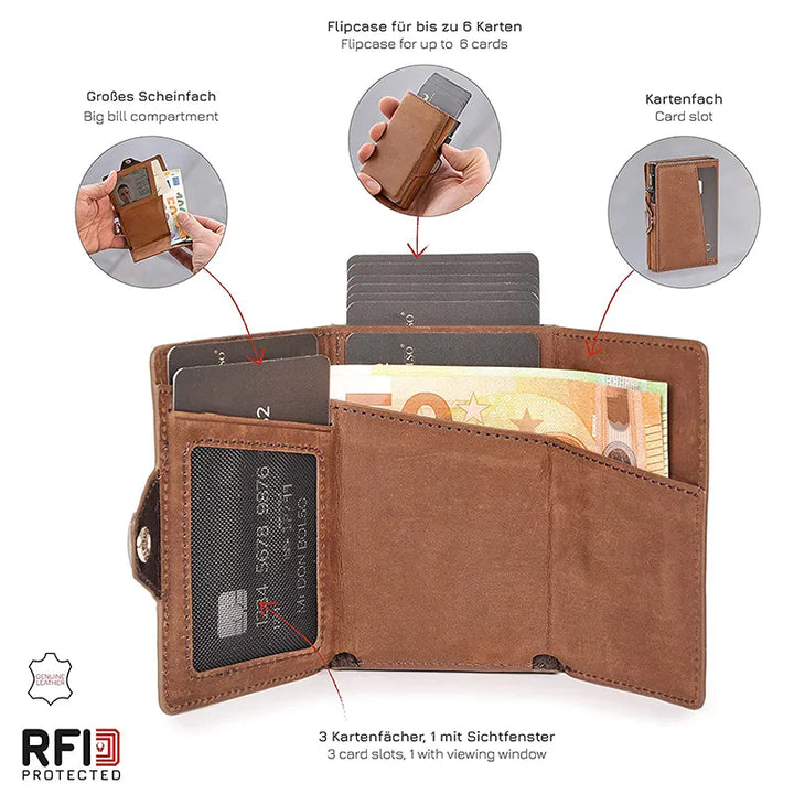 Pop-Up Credit Card Case with RFID Protection Genuine Leather  Wallet with Compartment for Notes and Coins for Men and Women